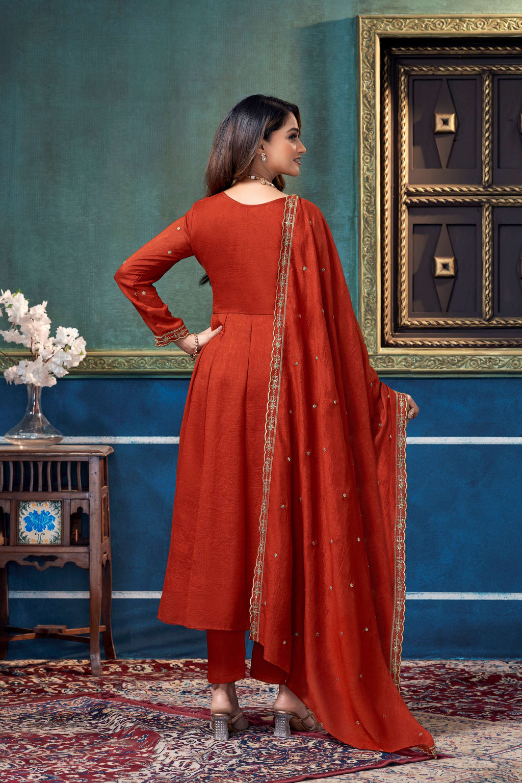 Anaita Rust Anarkali Readymade Suit with Embroidery Work | Grocsy
