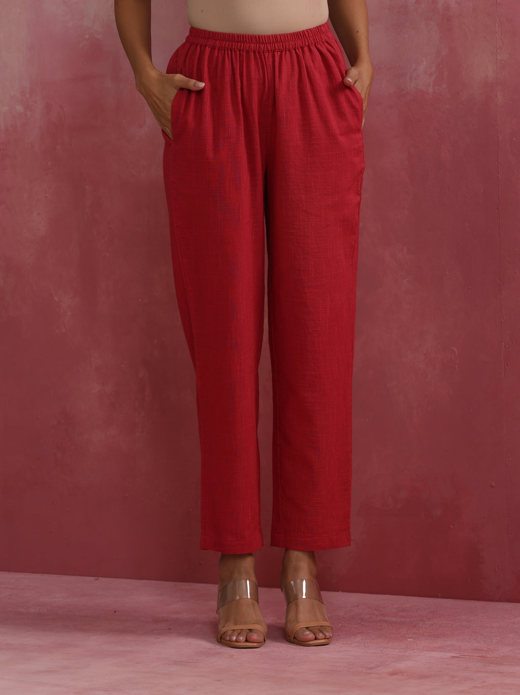 trueBrowns Red Straight Cotton Dobby Kurta Set | Grocsy