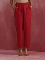 trueBrowns Red Straight Cotton Dobby Kurta Set | Grocsy