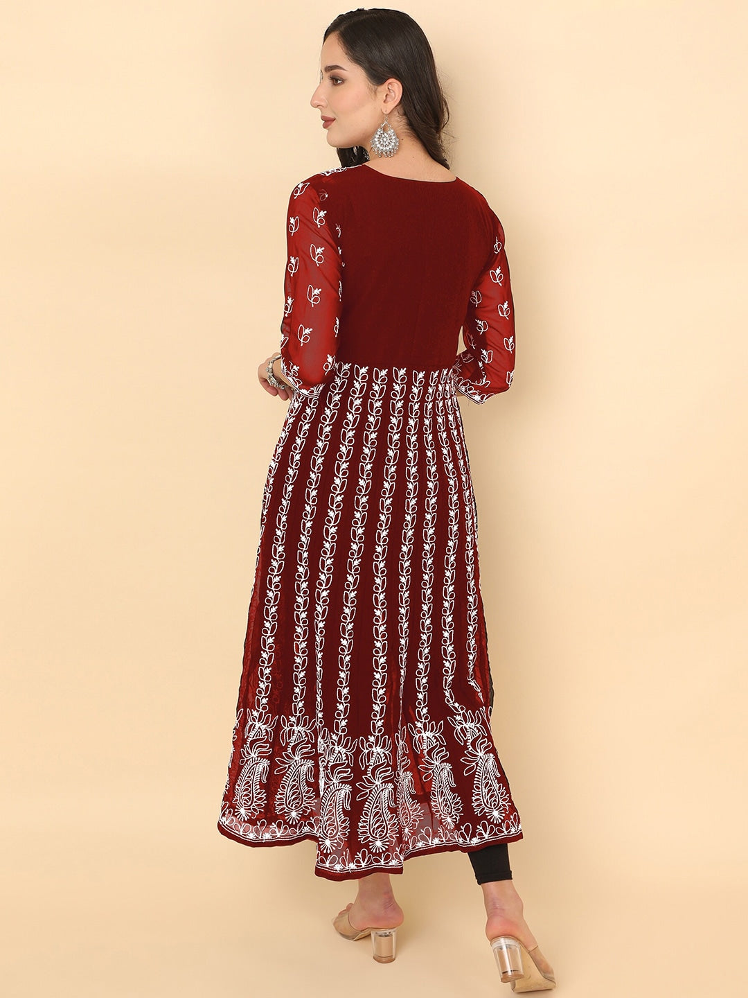 HERE&NOW Scoop Neck Chikankari Embroidered Thread Work Georgette Anarkali Kurta | Grocsy