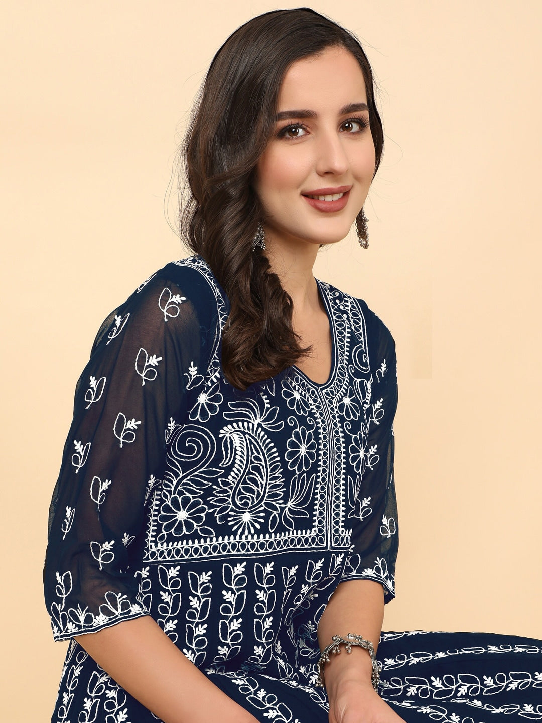 HERE&NOW Women Chikankari Embroidered Thread Work Georgette Anarkali Kurta | Grocsy