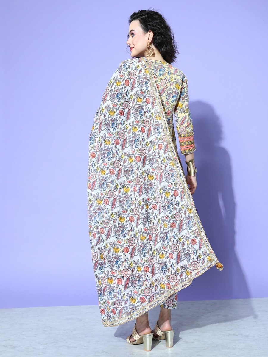 All About You Women Cream-Coloured Floral Printed Regular Gotta Patti Pure Cotton Kurta with Trousers & With | Grocsy