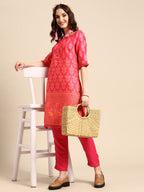 Sangria Women Pink & Yellow Ethnic Motifs Printed Kurta with Trousers | Grocsy