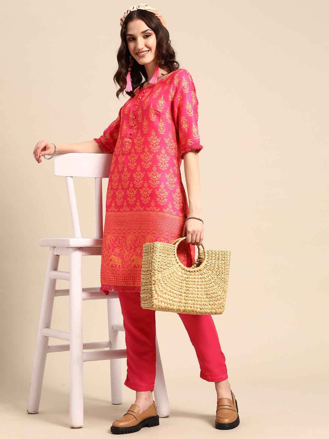 Sangria Women Pink & Yellow Ethnic Motifs Printed Kurta with Trousers | Grocsy