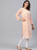 ADA Women Peach-Coloured & White Chikankari Embroidered Cotton Straight Sustainable Kurta | Grocsy