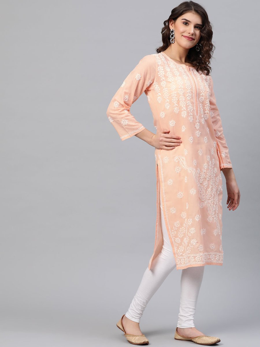 ADA Women Peach-Coloured & White Chikankari Embroidered Cotton Straight Sustainable Kurta | Grocsy