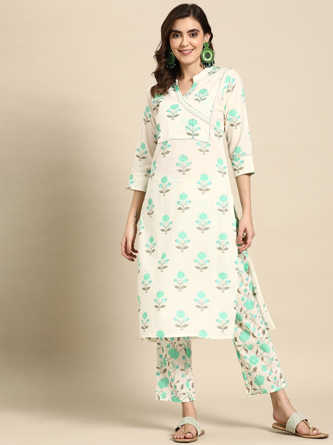 Sangria Floral Printed Angrakha Sequinned Pure Cotton Kurta With Trousers | Grocsy