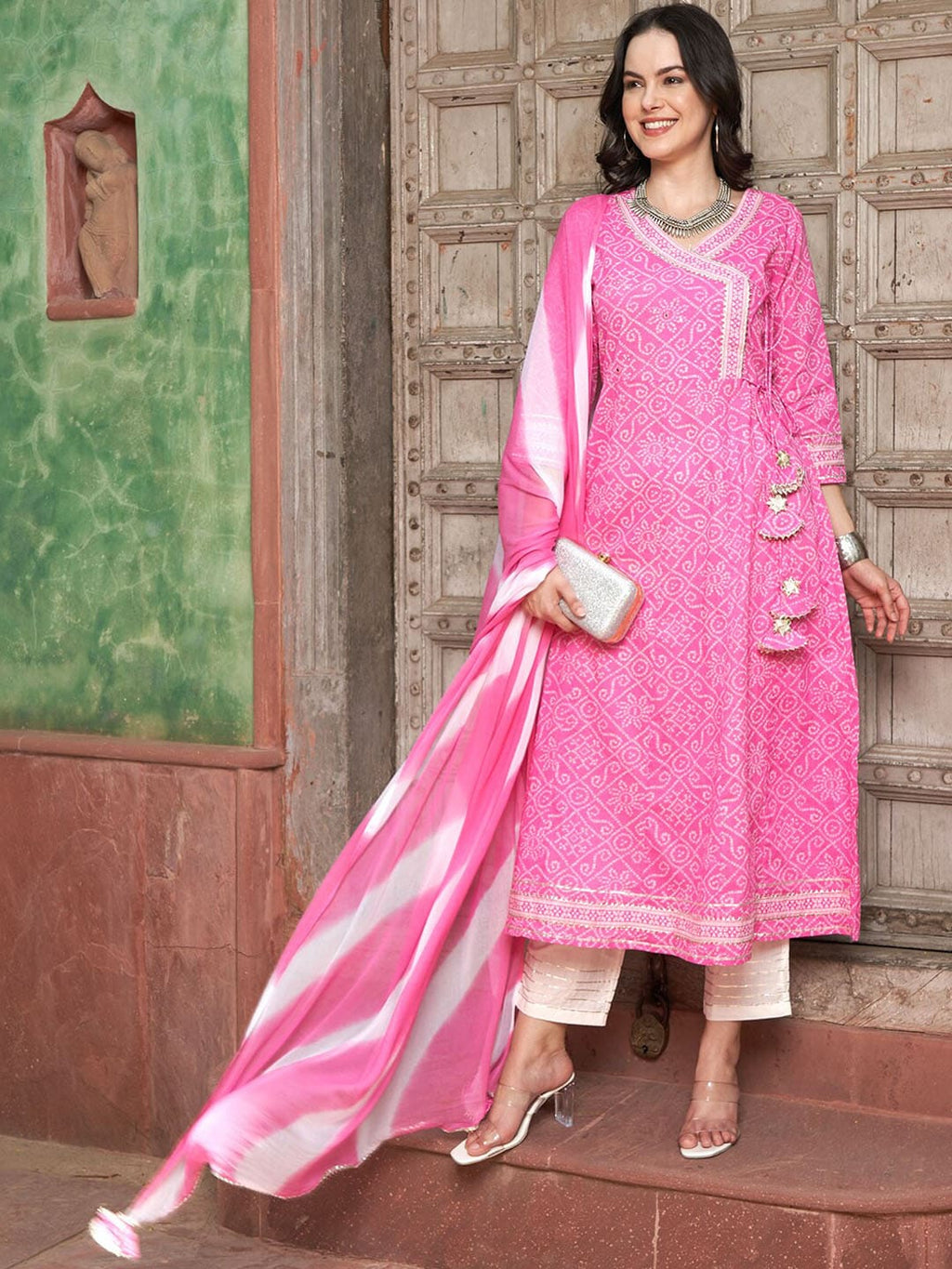 Sangria Pink Bandhani Printed Angrakha Mirror Work Pure Cotton Kurta Set | Grocsy