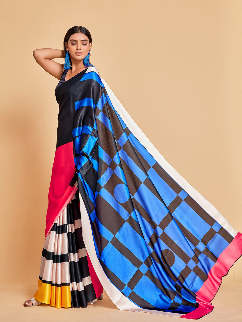 Sangria Blue & Black Striped Satin Ready to Wear Saree | Grocsy