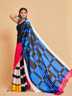 Sangria Blue & Black Striped Satin Ready to Wear Saree | Grocsy