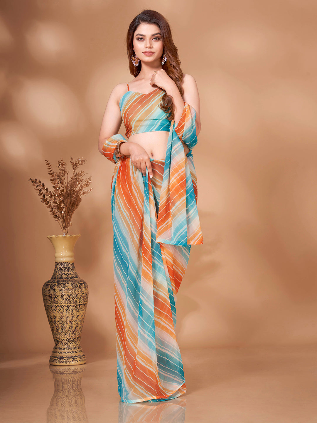 Tikhi Imli Striped Georgette Leheriya Ready to Wear Saree | Grocsy