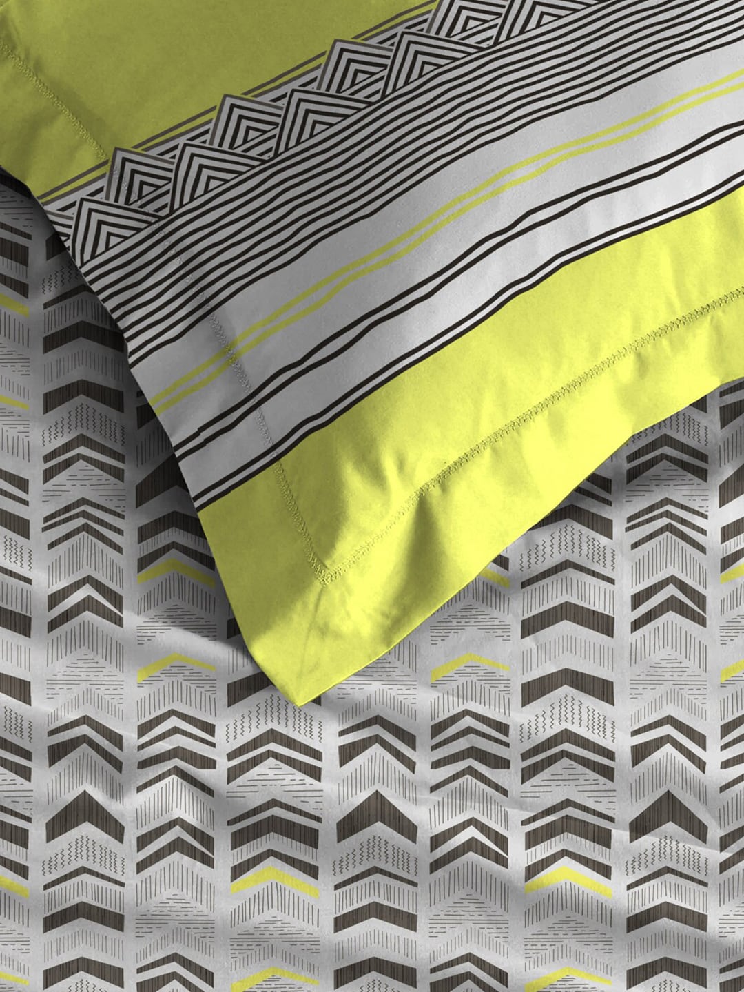 MYTRIDENT Grey Green Geometric Cotton 144 TC Queen Bedsheet With 2 Pillow Covers | Grocsy