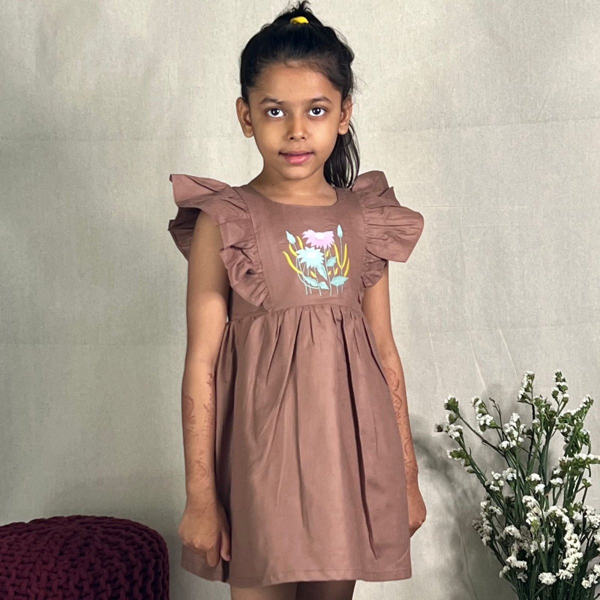ArthLife Brown Flower Embroidered Frill Dress | Grocsy
