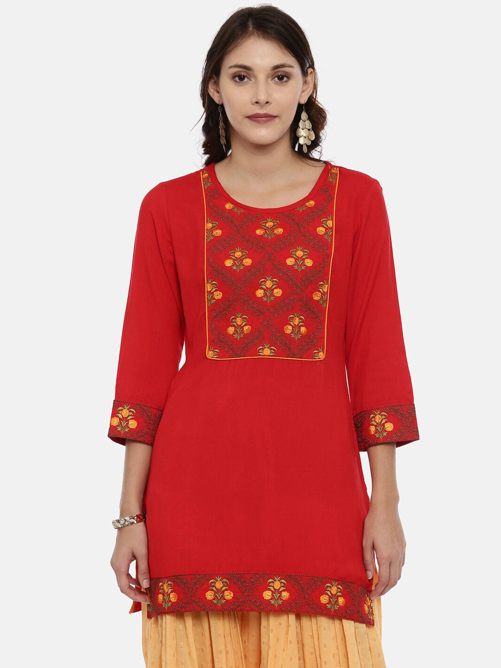 Souchii Women Red & Yellow Floral Yoke Design Kurta | Grocsy