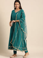 All About You Women Teal Green Solid V-Neck Anarkali Kurta with Trousers & Dupatta | Grocsy