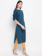 Janasya Women Teal Blue Geometric Printed Keyhole Neck Flared Sleeves Crepe Kurta | Grocsy
