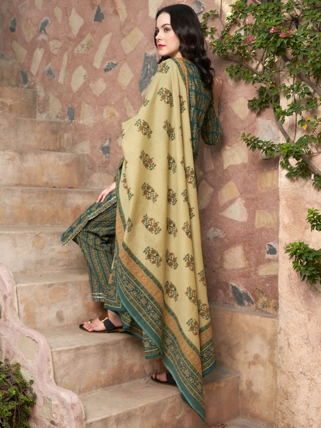 Sangria Ethnic Motifs Printed Pure Cotton Kurta with Trousers & Dupatta | Grocsy