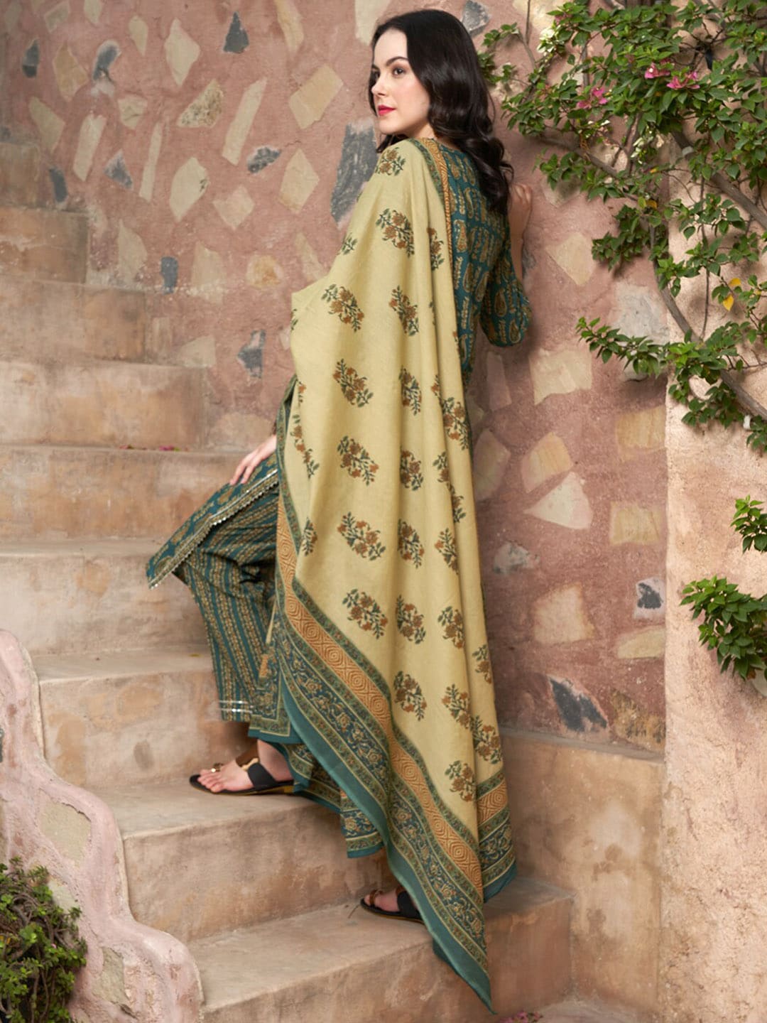 Sangria Ethnic Motifs Printed Pure Cotton Kurta with Trousers & Dupatta | Grocsy