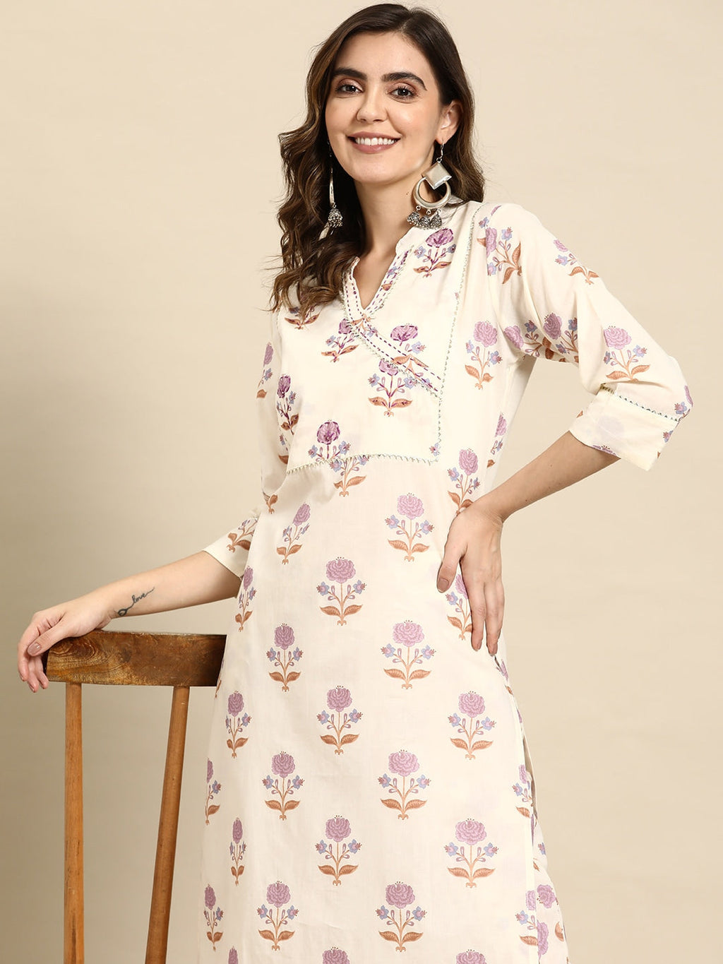 Sangria Women Floral Printed Regular Sequinned Pure Cotton Kurta with Trousers | Grocsy