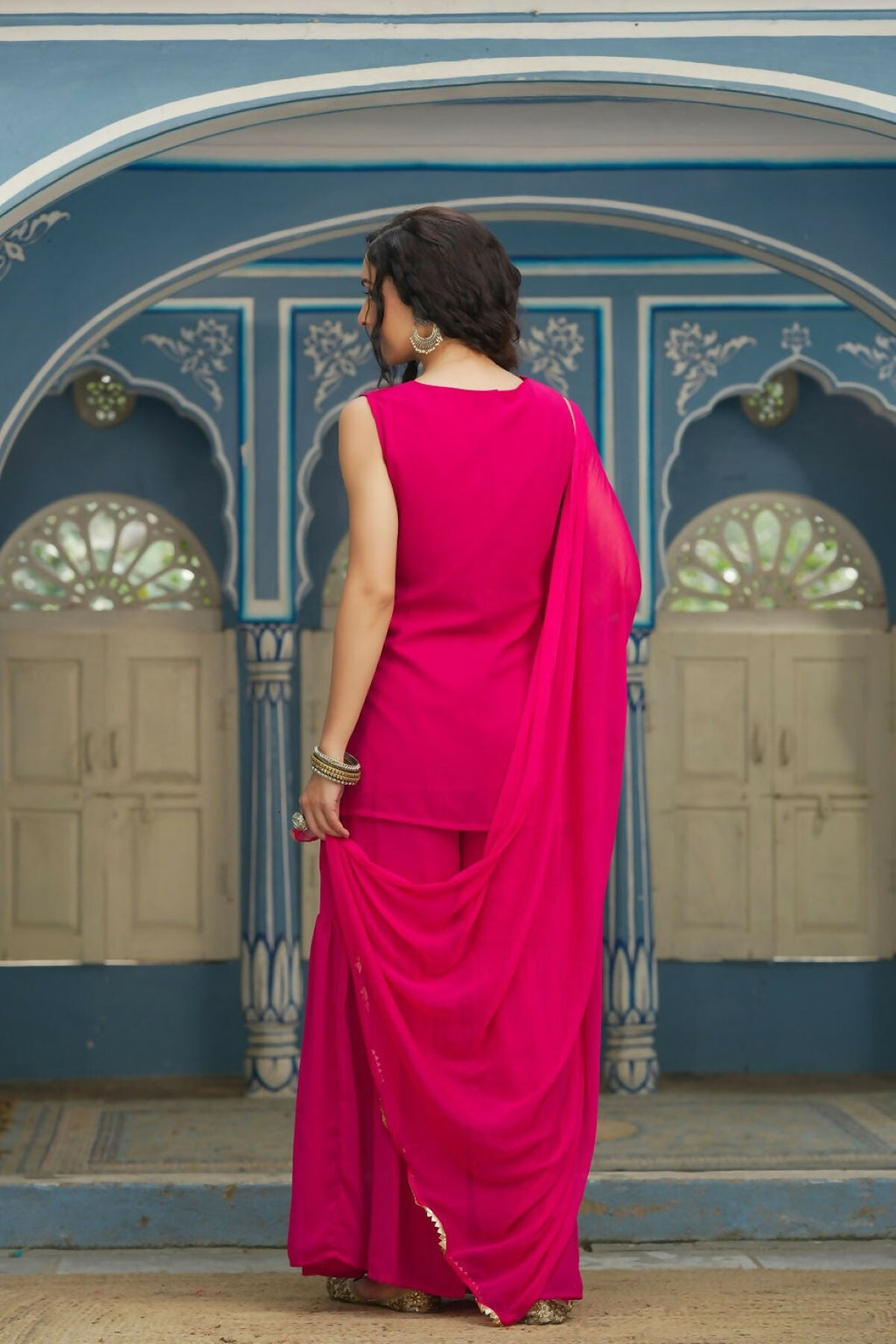 Juniper Ethnic Motif Printed Georgette Kurta Sharara & Chiffon Dupatta Set With Thread Work Embroidery | Grocsy