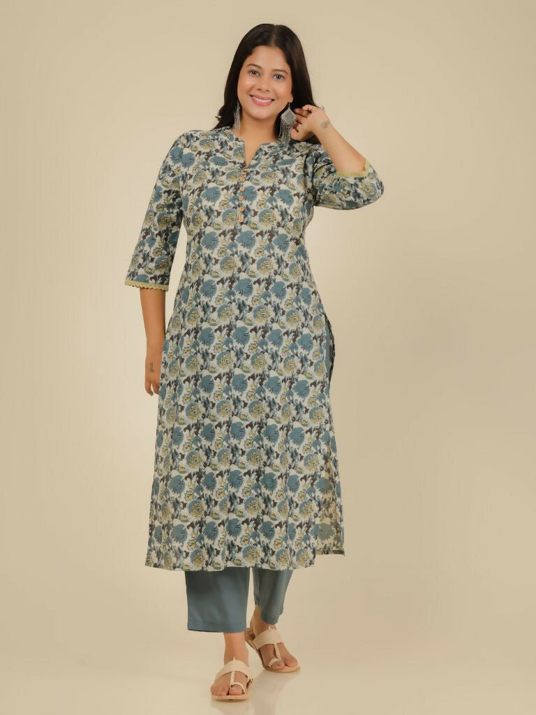 Aramya Straight Soft Cotton Floral Print Women's Kurta Set - Grey | Grocsy