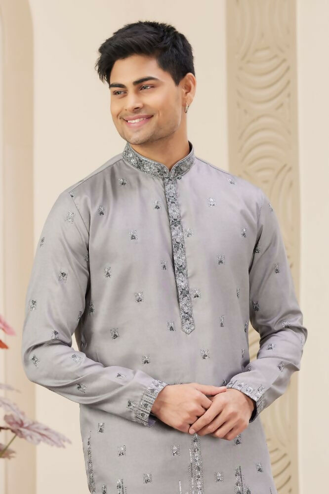 Raivat Ethnic Art Silk Thread Work Kurta Pajama In Grey Colour | Grocsy
