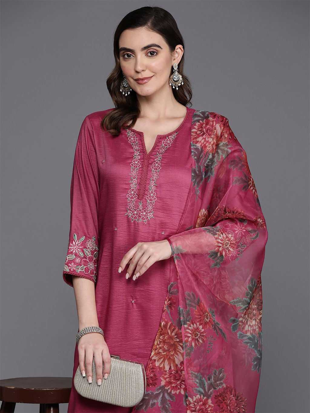 Indo Era Floral Embroidered Thread Work Kurta with Trousers & Dupatta | Grocsy