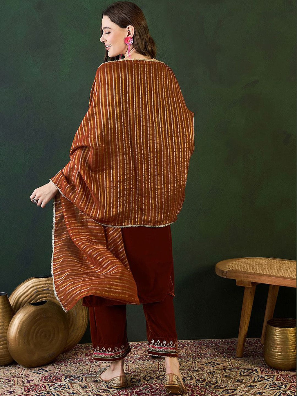 Sangria Embroidered Velvet Kurta & Trousers with Dupatta | Grocsy