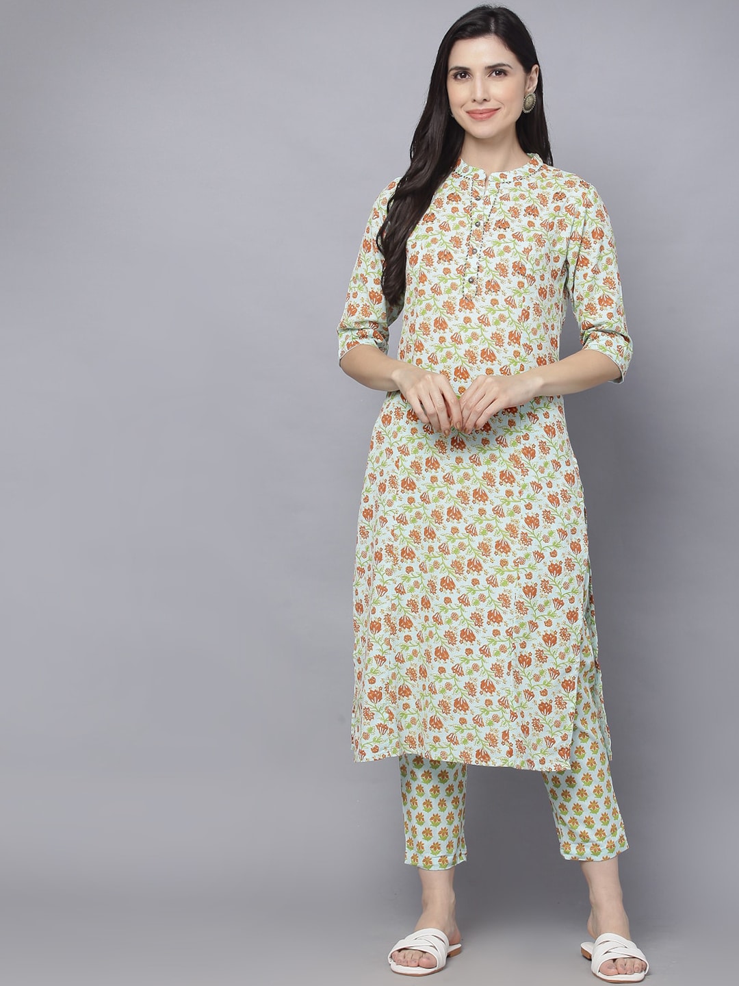 HERE&NOW Women Green Floral Printed Kurta with Trousers | Grocsy