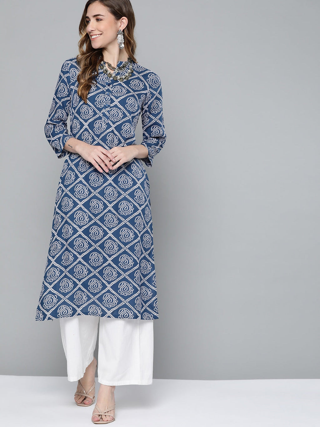 HERE&NOW Women Blue & White Geometric Printed Kurta | Grocsy