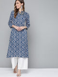 HERE&NOW Women Blue & White Geometric Printed Kurta | Grocsy