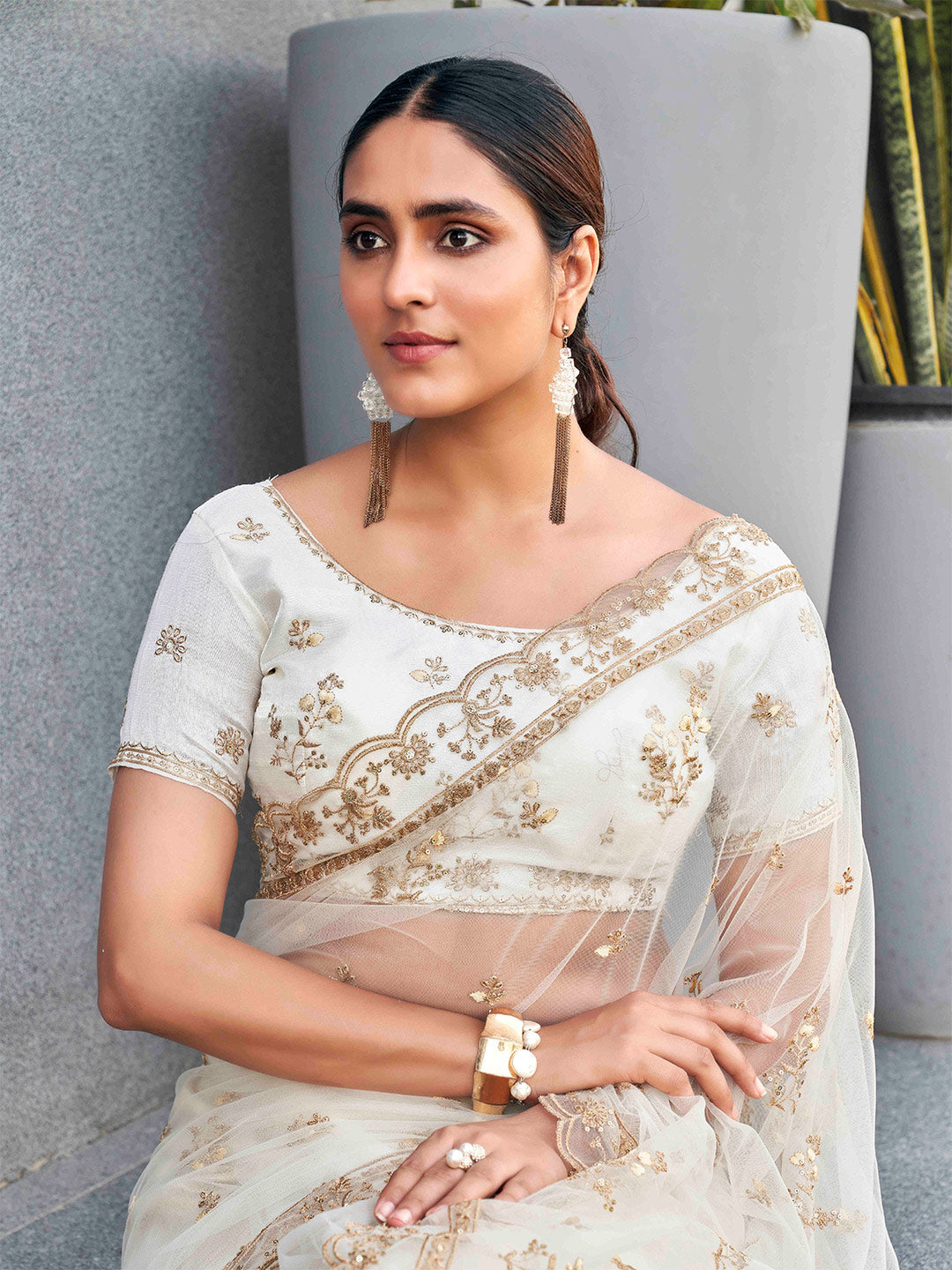 Tikhi Imli Ethnic Motifs Sequinned Embroidered Net Saree | Grocsy