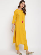 Janasya Women Mustard Yellow Solid Kurta with Trousers & Dupatta | Grocsy