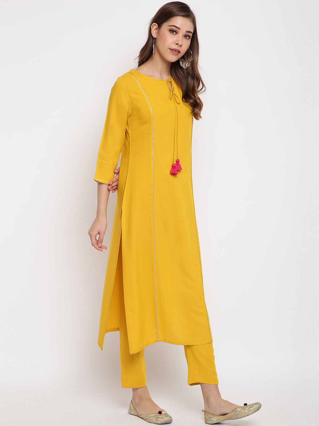 Janasya Women Mustard Yellow Solid Kurta with Trousers & Dupatta | Grocsy