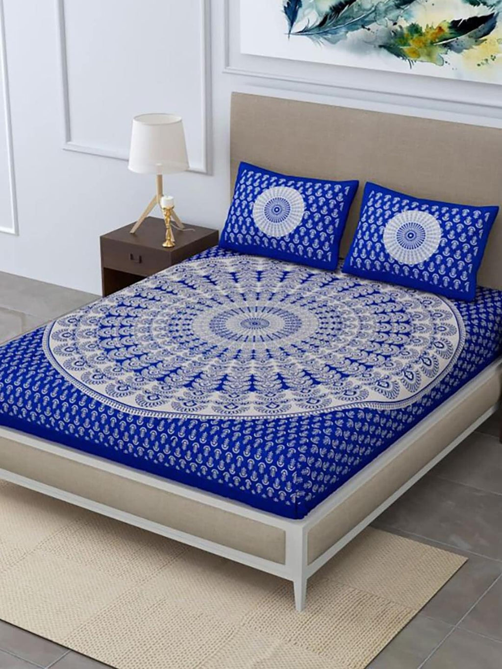 HOMETALES Blue & White Ethnic Motifs Cotton 104 TC King Bedsheet with 2 Pillow Covers | Grocsy