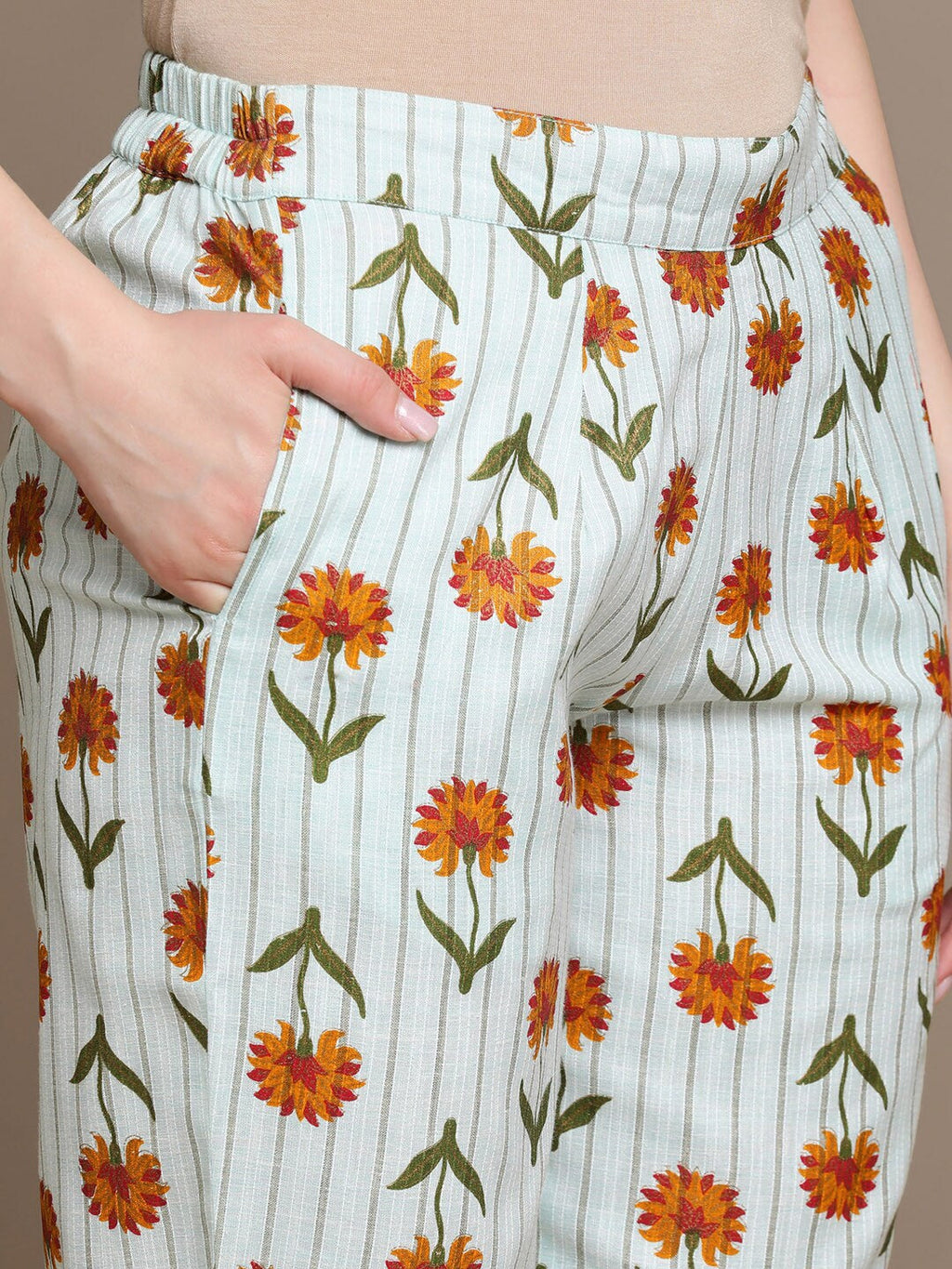 HERE&NOW Floral Printed Lace Inserted V-Neck Kurti with Trousers | Grocsy