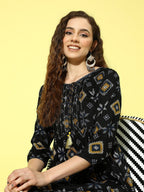 All About You Women Black & Yellow Printed Thread Work Tiering Liva Anarkali Kurta | Grocsy