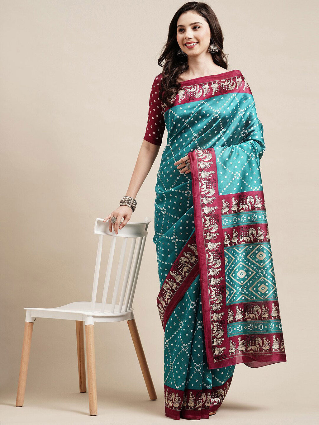 Saree Mall Blue & Maroon Bandhani Silk Blend Bandhani Sarees | Grocsy