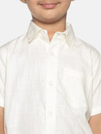 Sethukrishna Boys Cream-Coloured & White Solid Shirt and Veshti Set | Grocsy