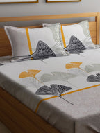 Home Sizzler Grey & Yellow Floral 210 TC Queen Bedsheet with 2 Pillow Covers | Grocsy