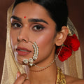 Gold-Polished White Kundan Studded Pearl Beaded Nose Pin - Ruby Raang | Grocsy