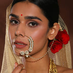 Gold-Polished White Kundan Studded Pearl Beaded Nose Pin - Ruby Raang | Grocsy