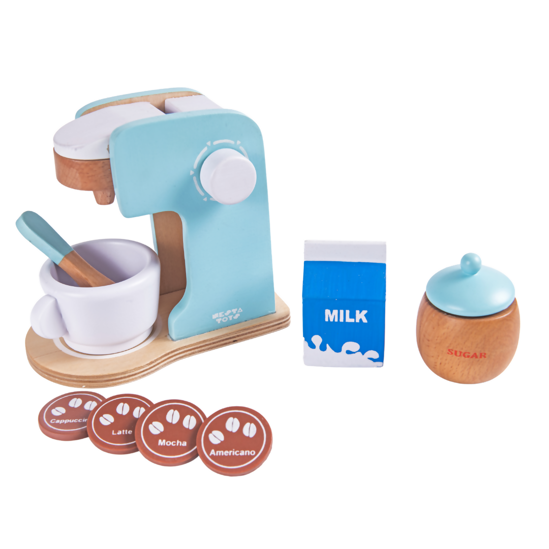 Nesta Toys Wooden Coffee Maker Toy (Blue), Kitchen Cooking Toy, Pretend Play (3+ Years) - 9 Pcs | Grocsy