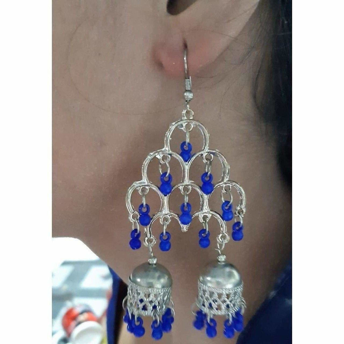MS Fashion India Silver Oxidized Fashion Traditional Double Jhumka Long Thick Blue Pearls Earrings | Grocsy