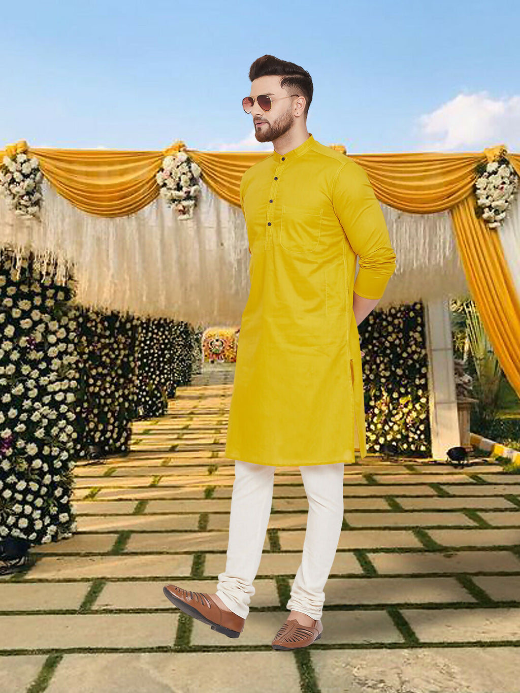 Even Apparels Men's Pure Cotton Yellow Kurta | Grocsy