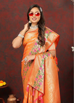 Lorenvalley Fashion Orange Soft Silk Woven Design with Zari Weaving Leheriya Design Saree | Grocsy