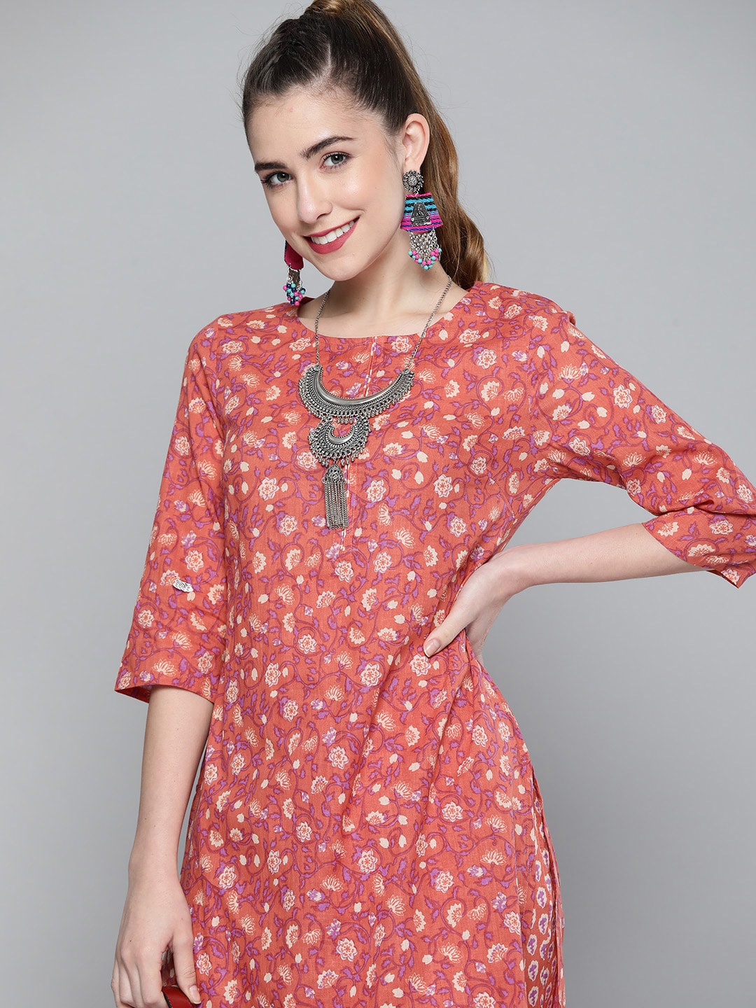 HERE&NOW Women Pink & White Floral Printed Kurta with Palazzos | Grocsy
