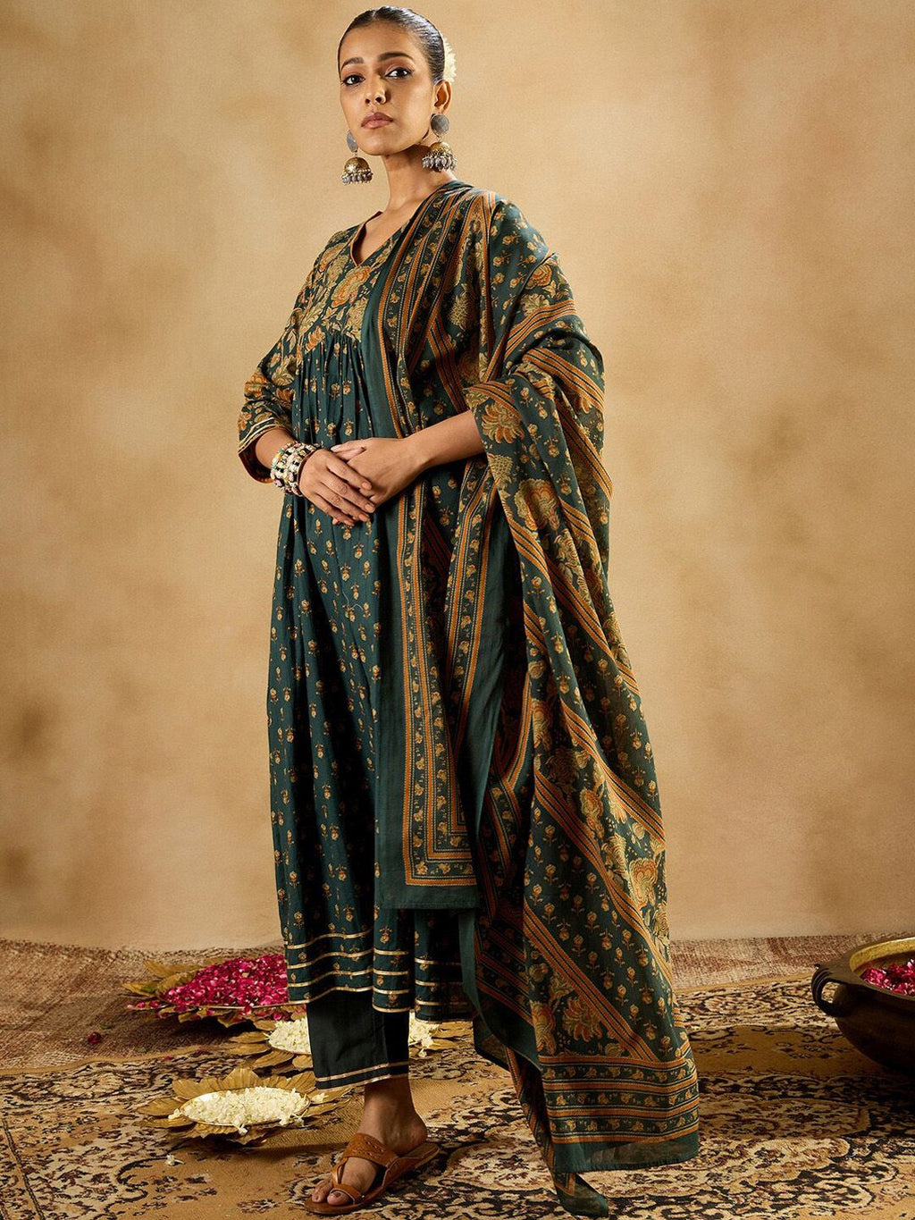 Indo Era Floral Printed Empire Pure Cotton A-Line Kurta With Trousers & Dupatta | Grocsy
