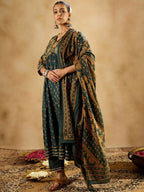 Indo Era Floral Printed Empire Pure Cotton A-Line Kurta With Trousers & Dupatta | Grocsy