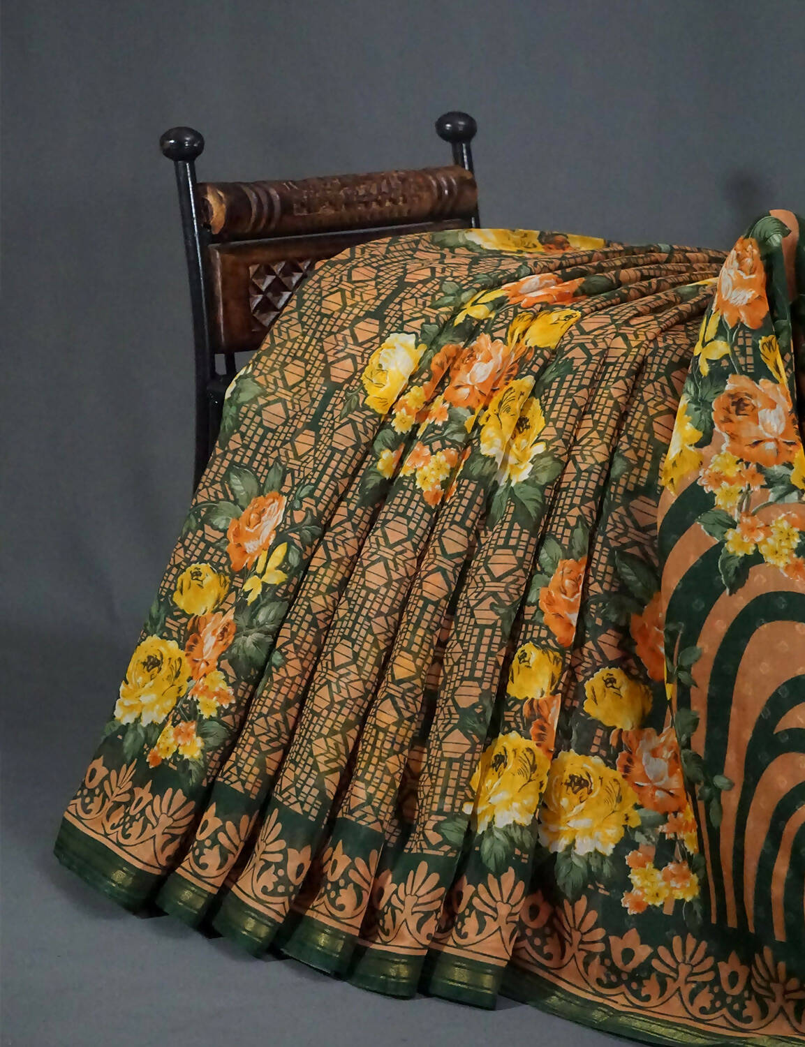 Shades Of Dark Leaf Green Floral Design Semi Chanderi Saree By Gayathri Reddy Designer Studio | Grocsy